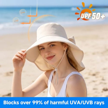 Womens Ponytail Hole Sun Hat with Neck Flap Outdoor UPF 50+ - color: Beige