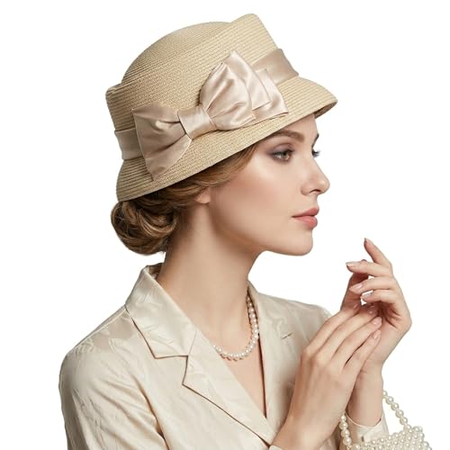 Women’s Vintage Straw Cloche Church Hat with Satin Bow | Elegant Bowler Bucket Hat for Tea Party Wedding Garden Formal Events - color: Neutral Beige