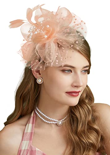 Fascinators Hat for Women Tea Party Headband Kentucky Derby Wedding Flower Cocktail Mesh Feathers Hair Clip - color: 1-champagne