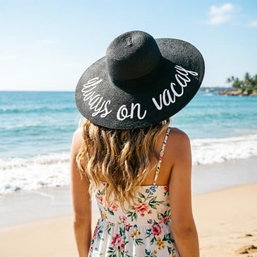 DRESHOW Big Straw Sun Hats for Women Floppy Foldable Roll up Beach Cap Sun Hat UPF 50+ Vacation Honeymoon Embroidered Hat - color: Ae Always on Vacay: Black