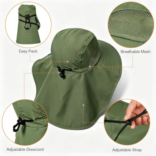Solaris Small‑Head‑Fit Sun Hat with Neck Flap for Men & Women - color: #1 Green, size: One Size
