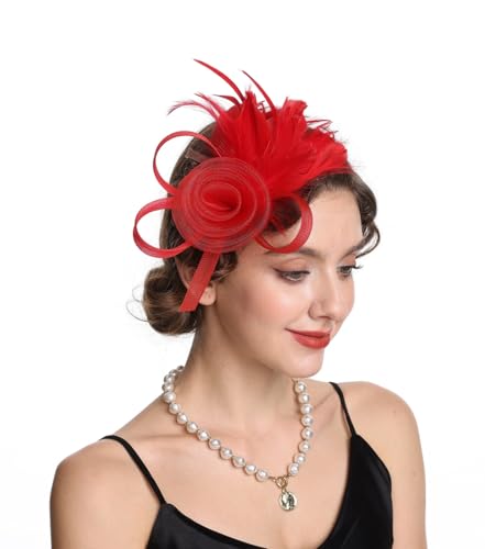 SAFERIN Women's Fascinators Feathers Tea Party Hat Veil Headband with Hair Clip for Cocktail Church - color: M-red