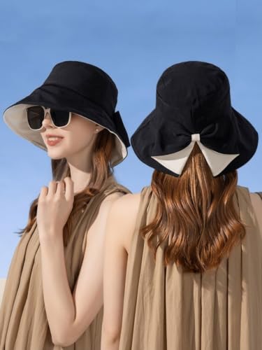 Women Bowknot Wide Brim UPF50+ Foldable Travel Beach Sun Hat - color: Black