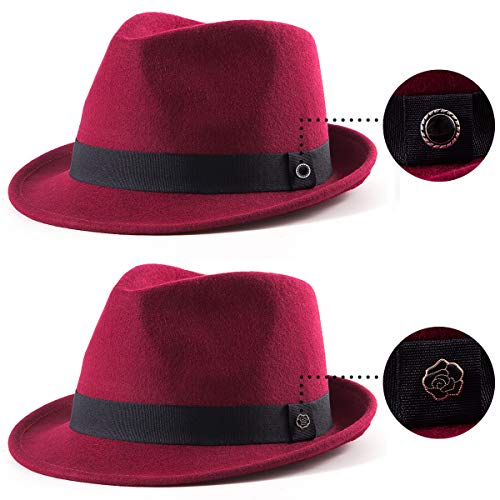 LADYBRO Straw Trilby Fedora Hat for Men Women 1920s Wool Felt Panama 7 1/4 - color: 06 Wine Red, Size: 7 1/4 (58cm), Fits 22" - 22 7/8"