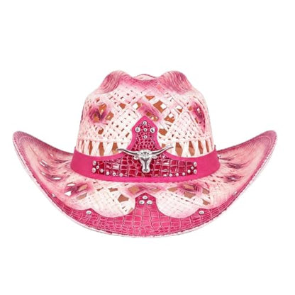 Straw Cowboy Hat for Men Women, Breathable Lightweight - color: Pink-m