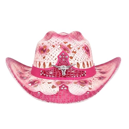 Straw Cowboy Hat for Men Women, Breathable Lightweight - color: Pink-m
