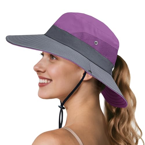 NPQQUAN Ponytail Sun Hats for Women UPF 50+ Wide Visor UV Protection Hat - color: Purple/Grey (Ponytail Hole)
