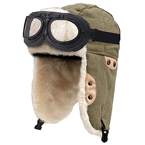 Peicees Aviator Hat and Goggles for Adult Costume Accessories Pilot Cap Vintage Goggles Trapper Hat with Fur Ear Flaps - color: Green Hat+black Frame/Clear Lens