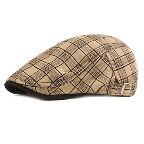 Men's Plaid Striped Newsboy Ivy Flat Driving Golf Cap - color: 1975 Khaki+beige