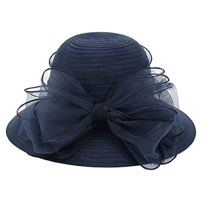Haoohu Women's Church Derby Hat Wide Brim Bow Bucket Hat Wedding Dress Hat Fascinator Bridal Tea Party Hat - color: Navy Blue
