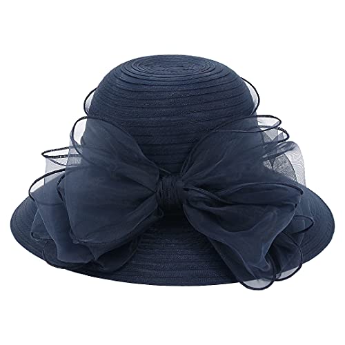 Haoohu Women's Church Derby Hat Wide Brim Bow Bucket Hat Wedding Dress Hat Fascinator Bridal Tea Party Hat - color: Navy Blue