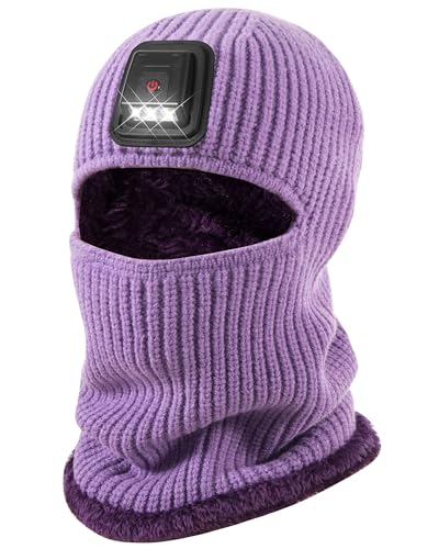 Winter Balaclava Knitted Ski Mask with LED Light - Fleece Lined Full Face Cover Windproof Snow Mask for Skiing, Motorcycling - color: Purple