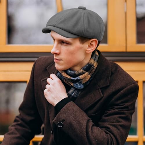 meioro Men's 8 Panel Newsboy Hat Winter Vintage Tweed Flat Cap - color: Grey