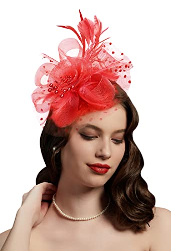 Fascinators Hat for Women Tea Party Headband Kentucky Derby Wedding Flower Cocktail Mesh Feathers Hair Clip - color: 1-red