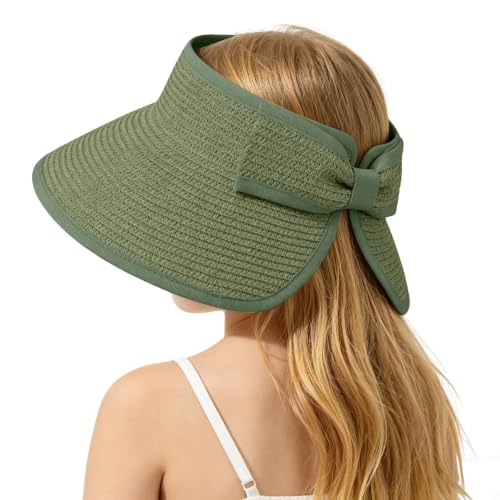 ZOORON Girls Straw Sun Visor Hat, Wide Brim Ponytail Beach Hat with Bow - color: Grayish Green