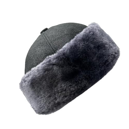 Lukkizara Winter Leather Hat Shearling Sheepskin Fur Beanie Hat - color: Black/Grey, size: XX-Large