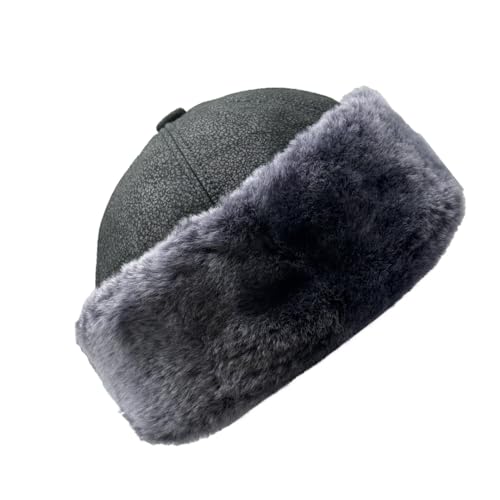 Lukkizara Winter Leather Hat Shearling Sheepskin Fur Beanie Hat - color: Black/Grey, size: Large