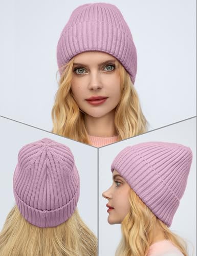 Satin Lined Wool Acrylic Blend Beanie Hat Women Men, Winter Knit Cap - color: Pinky Purple