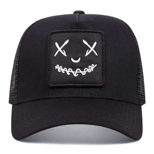 Trucker Hat for Men Women-Mesh Back Breathable Adjustable Snapback Cap-UV Protection Sun Hat for Summer Outdoor Activities - color: Smiling-black