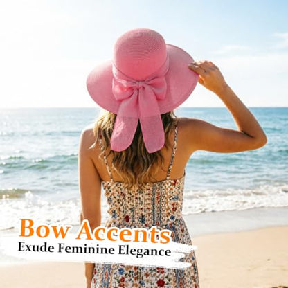 DRESHOW Sun Hats for Women Summer Wide Brim Beach Straw Hat Bowknot Bucket Hats Foldable Floppy Beach Sun Hat UPF 50+ - color: 1 Pack Bowknot Ribbon Hat: Pink