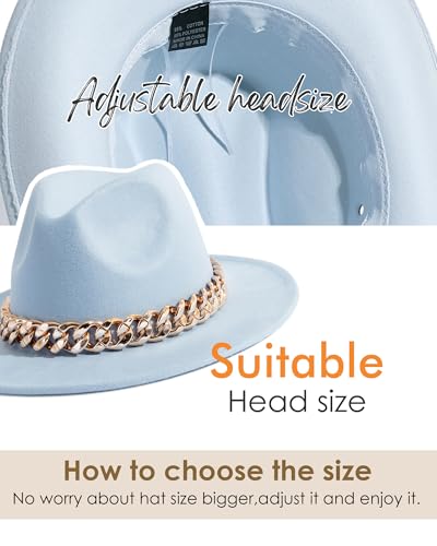 Men & Women Wide Brim Fedora Hat with Chain Buckle - color: Chain Belt-sky Blue