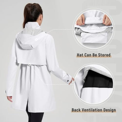 baleaf Women's Long Rain Coat Lightweight Packable Jacket with Hood - color: White, size: Small