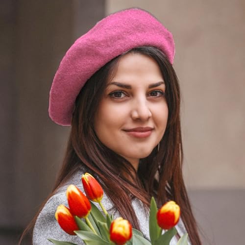Gllutt Women Wool Beret Hat French Style Solid Color - color: Magenta