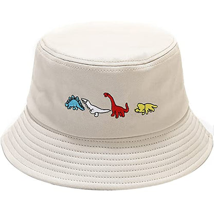 XYIYI Fashion Embroidery Bucket Hat Cotton Beach Fisherman Hats for Women Girls - color: Little Dinosaur Beige