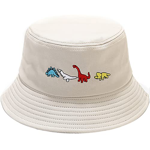 XYIYI Fashion Embroidery Bucket Hat Cotton Beach Fisherman Hats for Women Girls - color: Little Dinosaur Beige