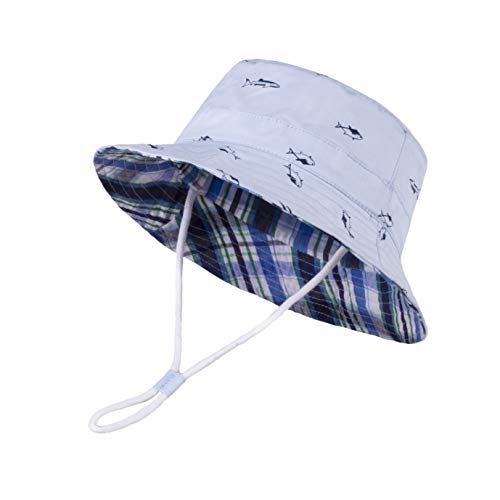 LANGZHEN Sun Protection Hat for Kids Toddler Boys Girls Wide Brim Summer Outdoor hat Cotton Baby Bucket Hat with Chin Strap - color: Blue Fish+beige Fish, size: 1-2T