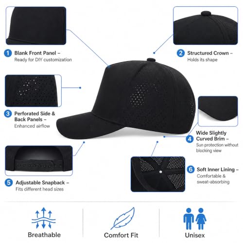 5 Panel Baseball Cap Quick Dry Mesh Snapback Hat for Women Men - color: Black