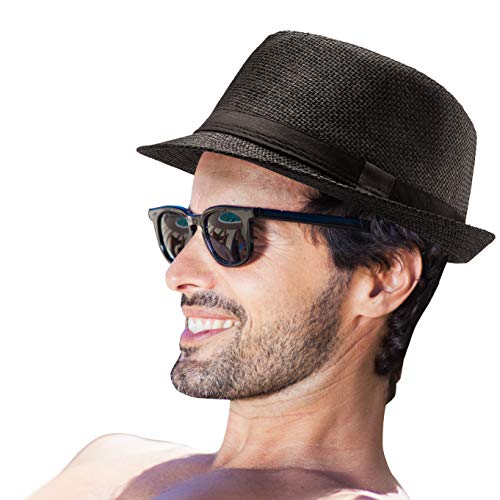 XL Straw Fedora Hats for Men Summer Trilby Beach Travel Panama Casual 7 1/2 - color: Black
