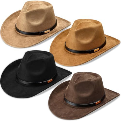 Geyoga 4 Pack Cowboy Hat for Men Women Halloween Western Suede Hats Panama Hat Felt Wide Brim Cowgirl Cap for Cowboy Cowgirl