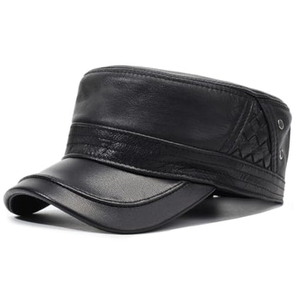 Men's Leather Military Style Hat Cadet Army Caps Flat Top Cap - color: Black