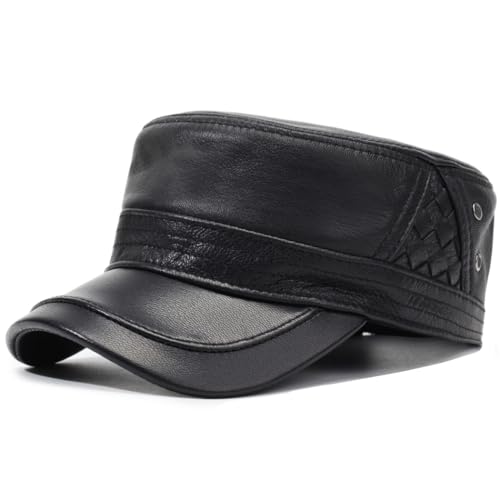 Men's Leather Military Style Hat Cadet Army Caps Flat Top Cap - color: Black