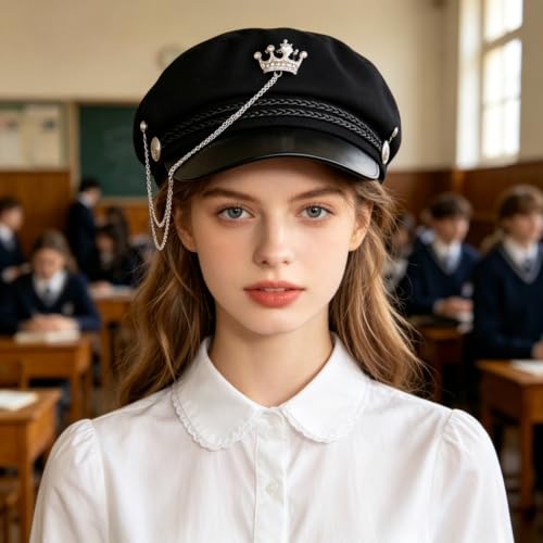 Women’s Black Newsboy Cap Gothic Beret with Chain Heart Buckle/Crown Accents Flat Top Visor Baker Boy Sailor Hat - color: Black With Crown Chain