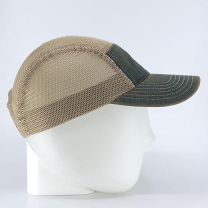 Washed Cotton Twill Five Panel Adjustable Camper Caps - color: Dirty Wash Dark Green/Khaki Mesh
