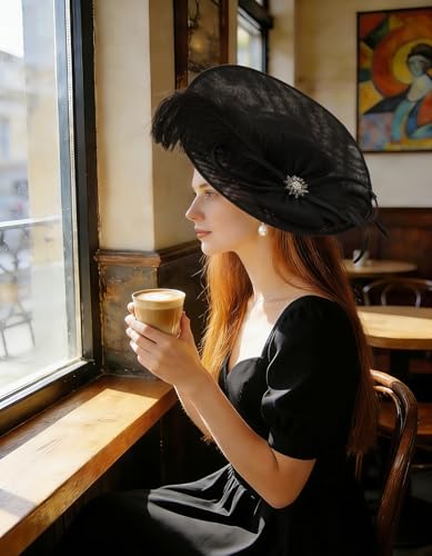Unpifolov Fascinators Hats Elegant Women Flower Mesh Feathers Wedding Cocktail Bride Headband for Derby Hat Tea Party - color: Black