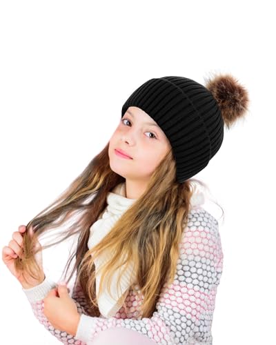 LiuSuper Kids Winter Hat, Girls Beanies 7-14, Satin Lined Beanie for Girls, Pom Pom Silk Lined Cuffed Beanie - color: Light Purple