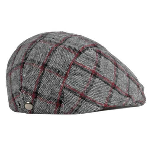 Newsboy Hat for Men Flat Cap Adjustable Tweed Ivy Gatsby Cabbie Hat - color: Grey-red Plaid