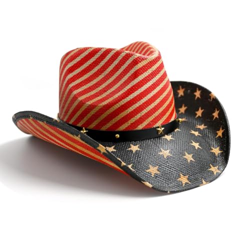 Foeran Men's Women's Straw Cowboy Hat Cowgirl Woven Sun Hat Western Cowboy Hat Two Decorative Bands - color: Red-american Flag