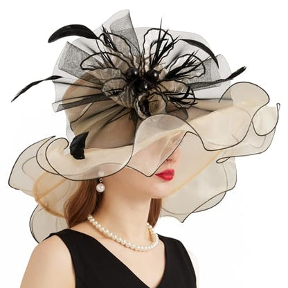 Women Organza Church Derby Hat Wide Brim Sun Caps for Wedding Tea Party Hat with Detachable hat Flower as Headgear - color: 11-beige