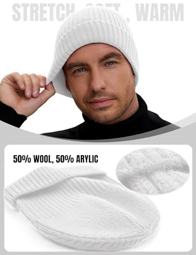 vidsel 50% Wool Double Cuff Beanie Hat for Men Women, Warm Winter Knit Cap - color: White
