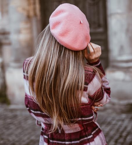 Women Wool Beret Hat, Classic French Artist Hat, Winter Warm Hat for Ladies - color: Thicker-pink