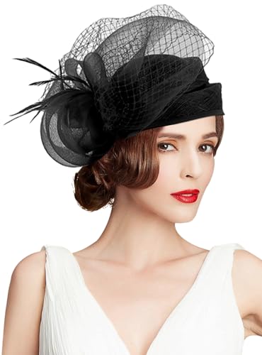 Z&X Sinamay Fascinator Hat Floral Feather Pillbox Derby Hats for Women Wedding Tea Party with Headband Clip - color: 000- Black