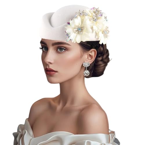 Women Vintage Church Hat Applique Felt Pillbox Hat Fascinator Tea Party Cap - color: Z1-white
