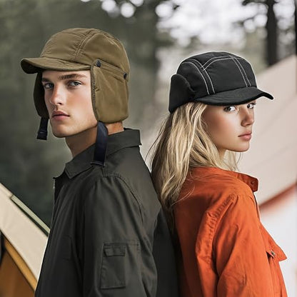 Clakllie Winter Earflaps Hat Short Brim Baseball Cap with Ear Flap Warm Trapper Hat Soft 5 Panel Style Russian Hats - color: Cdus-bswd2403-black