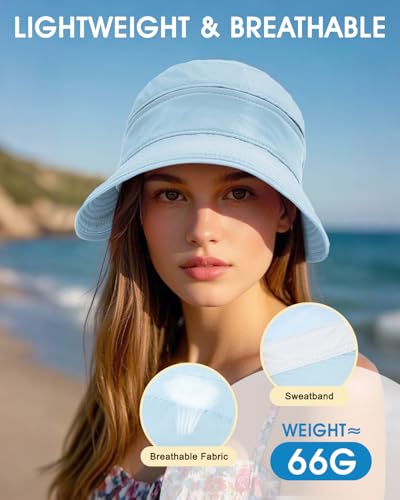Century Star Sun Hat for Women Wide Brim Zip-Off Beach Hat Visor Ponytail UV Protection Summer Visors - color: Blue