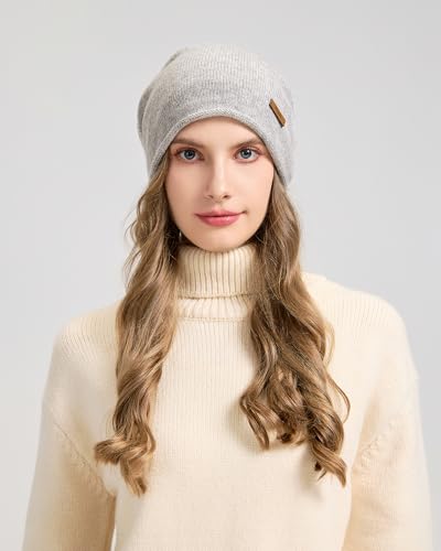 100% Merino Wool Slouchy Beanie Hat, Women Warm Winter Caps Soft, Ladies Breathable & Cozy Stretchy Knitted Skull Cap - color: Light Gray