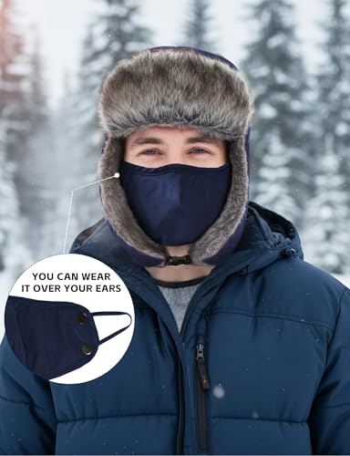 Buauty Fur Trapper Hat for Men Women Winter Windproof Soft Russian Ushanka Hats with Warm Ear Flaps & Removable Mask - color: Blue